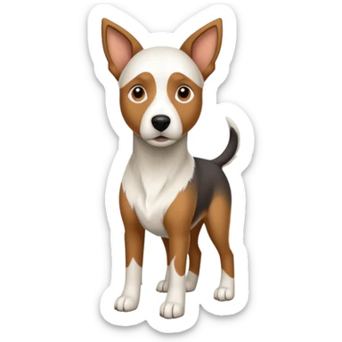 a full body large white floppy eared parson russell looking dog the size of a kelpie with light brown ears and a light brown patch on one eye and a large snout sticker