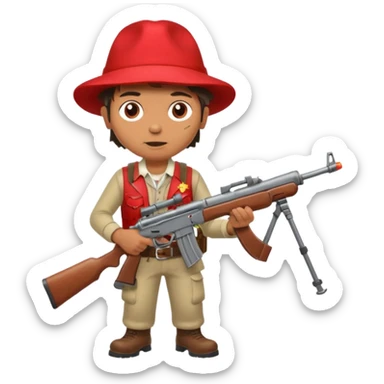 Yodeling mountain climber in Switzerland with a machine gun pointing to the right, full body. in the style of your bleeding skull art make him look like the price is right game sticker