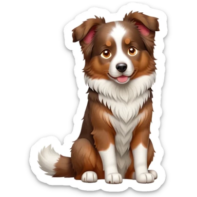 cinematic-[australian shepherd dog]-realistic-full-body-sitting-emoji,-tail-resting-loosely-beside-its-paws,-head-tilted-dramatically,-scruffy-[half white and red merle]-fur,-simplified-yet-realistic-focused-features,-highly-detailed,-glowing-with-an-almost-sarcastic-glow sticker