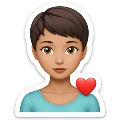 woman pixie cut dark brown hair, tan skin, brown almond eyes, heart shaped face sticker