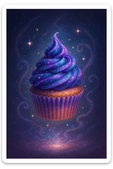 whimsical cupcake levitating, galaxy swirl frosting with shimmering sparkles, magical aura sticker