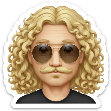 Man with long blonde hair and curly blonde mustache with circular sunglasses sticker