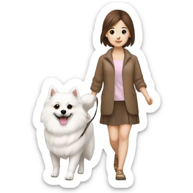 Japanese spitz dog walk brown hair girl with dress sticker