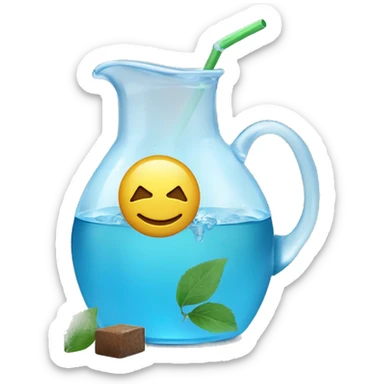 transparent jug of water filled halfway with blue water and three ice cubes floating. beside the jug an additional brown guampa filled with green yerba and a silver straw sticking out. plain background and emoji styled  sticker