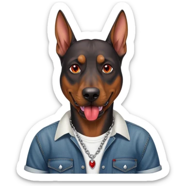 Generate a emoji of a big evil doberman dog with red eyes and a tongue sticking out, give the doberman a human body with a white shirt and baggy jeans, make the doberman have ear piercings and a septum ring sticker