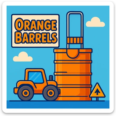 Add a sign next to the orange road construction barrel that says 'Orange Barrels' in a playful cartoon font. Keep the bright, fun background. sticker