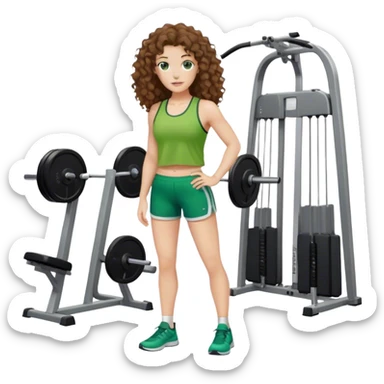 white woman with long brown curly hair in green top and shorts at gym sticker