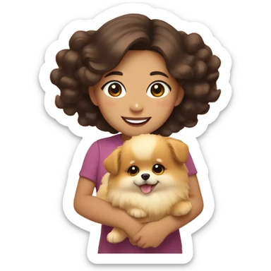 Asian brunette girl with wavy hair and brown eyes holding a yellow Pomeranian puppy. Cute. sticker