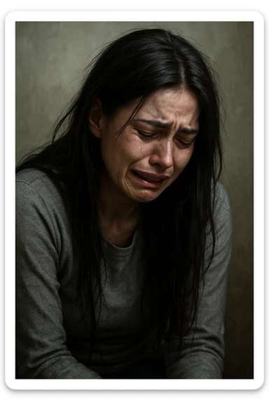 woman with long black hair, crying, slumped posture, emotional distress, mental breakdown sticker