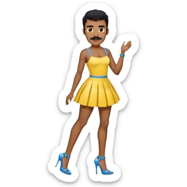 Man in a yellow mini skirt dress and blue strappy high heels with black hair and black mustache and brown skin sticker