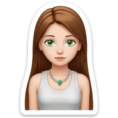 A girl with long brown straight hair, green eyes, and a white tank top; she doesn't have bangs. she wear a lot of silver jewerly  sticker