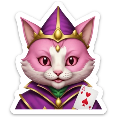 court jester cat medieval, single poker card joker clearly visible, pink, face only sticker