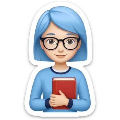 A smart and cute girl with short hair, wearing sky blue clothes,
I hold a book in one arm. There is a pen in the book.
He is wearing black-rimmed glasses and smiling brightly. sticker