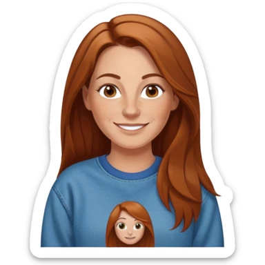 A 38 year old white woman with long brown hair parted in the middle. She has a nose ring. She has freckles and is wearing a sweatshirt and jeans smiling sticker
