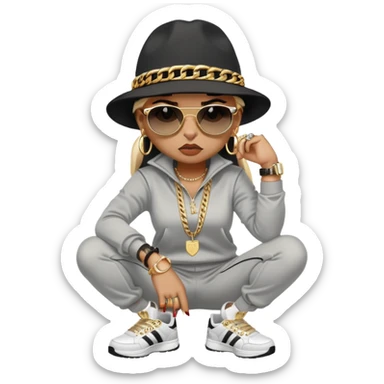 female cat wearing Run DMC hip-hop outfit with tracksuit, fedora, Adidas sneakers, dark sunglasses, many gold chains, rings, bracelets, flashy earrings, fallen down with worried expression sticker