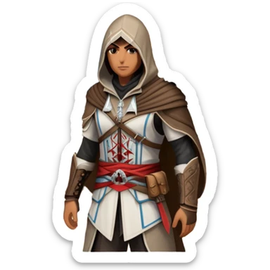 icon featuring Assasin's Creed in an iconic assassin's hood, standing tall against the backdrop of Florence. The design captures the essence of adventure, with intricate details of historical architecture and a sense of mystery. The character is poised, ready for action. transparent background. sticker