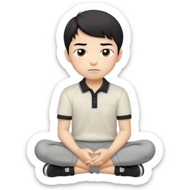 A cartoon young Asian boy with short black hair, light beige skin, and large expressive eyes, wearing a white polo shirt, gray pants, and black shoes. He sits cross-legged on the ground, one fist resting on his cheek, with a closed-mouth smirk. Clean lines, flat colors, solid black background. sticker