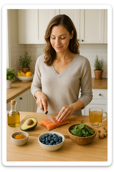 Donna tra i 30 e i 40 anni in una cucina luminosa, serena e sorridente, mentre prepara un pasto a base di cibi antinfiammatori: avocado, mirtilli, salmone selvaggio, verdure a foglia verde, olio d’oliva, curcuma. Il piano cucina è ordinato, ricco di colori naturali. Sullo sfondo: erbe fresche, frutta, una tisana allo zenzero. La donna appare in forma, rilassata e consapevole delle sue scelte. Atmosfera calda e armoniosa, luce naturale. Stile realistico, tono positivo e ispirazionale sticker