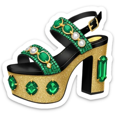realistic ultra detailed black platform sandals with emerald green and gold sparkly rhinestone  sticker
