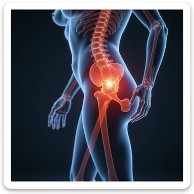 Anatomical view of piriformis muscle on a woman in stretching position, highlighted in red in the gluteal region, bones and other muscles visible in transparency, hyperrealism 4K, white background sticker