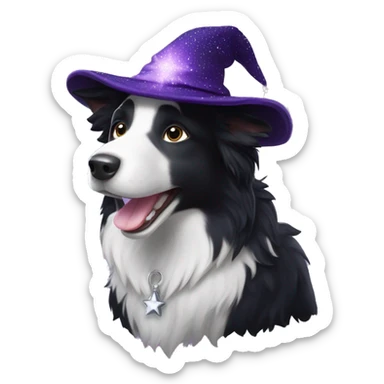 Black and white Border Collie wearing a dark purple velvet wizard hat.  The hat is covered with tiny, sparkling silver stars. sticker