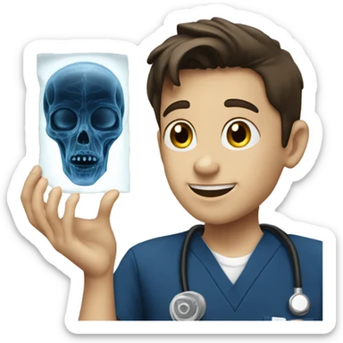 Brunette boy in navy scrubs looking at an alien X-ray  sticker