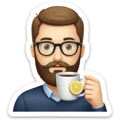 A man with a beard and glasses drinks coffee with lemon sticker