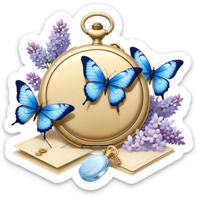 A golden locket, resting beside an ivory envelope sealed with a pearl wax stamp, is surrounded by delicate blue butterflies and cascading white lilacs. A vintage perfume bottle with intricate floral engravings sits nearby, its fragrance lingering in the air. sticker