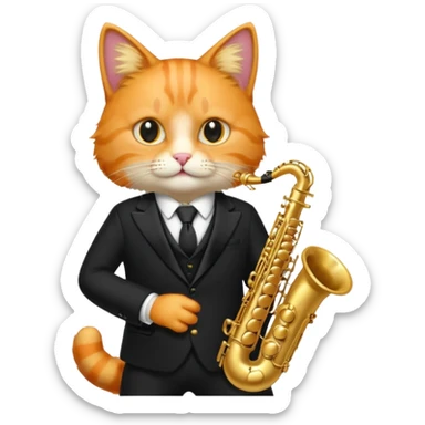 orange cat play gold saxophone, wear black suit sticker