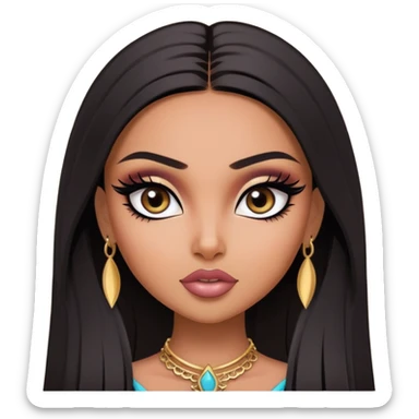pretty bratz baddie, medium skin, dark long straight hair, arabian face, pretty eyeliner makeup sticker