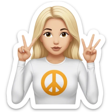 White woman wearing lululemon long sleeve T shirt with blonde hair and middle part doing duck lips and sticking up peace sign with one hand  sticker