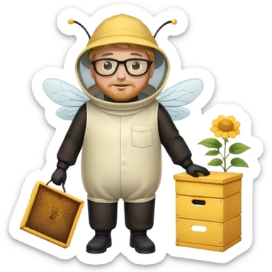 full body medium plus size male bee keeper in yellow and black with short light strawberry blonde hair and goatee wearing glasses with bee keeper hat sticker