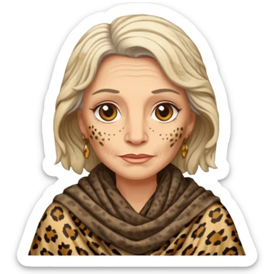 ancient white woman, tattered leopard skin shawl sticker