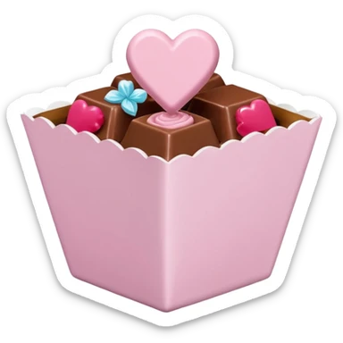 Two sharp-edged square milk chocolate pralines placed diagonally, each in a white fluted paper candy cup, with smooth glossy coating.
Flat thin pastel pink heart icing centered on top with subtle sugar crystal sparkle, clean studio lighting, pure white background, realistic minimal emoji-styleใ sticker