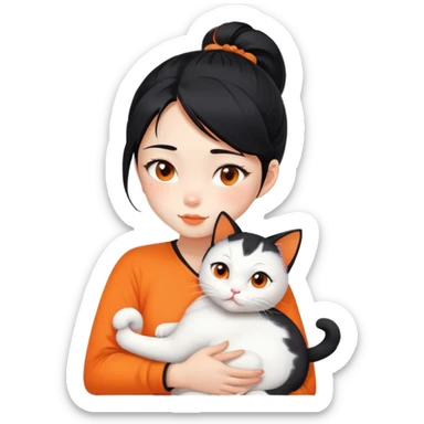 East Asian girl with high ponytail black hair hugging a predominantly white cat with orange patches, sweet and gentle, cute facial expressions sticker