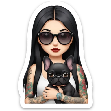 girl with long black  straight hair and tattoos and Wearing sunglasses and a black French bulldog sticker