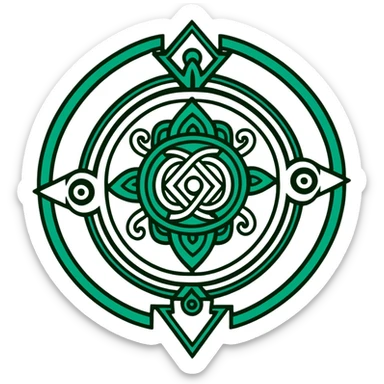 Minimalist ancient Maya symbol with clean lines, predominantly white with deep green and black accents, inspired by sacred geometry sticker