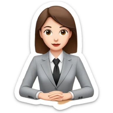 Professional female bank clerk in formal business attire behind a counter sticker