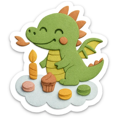 Change the dragon's eyes to a single curved line smile shape, and add small colorful macarons and cupcakes on the cloud. Keep all other design elements unchanged sticker