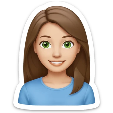 Adult woman avatar, light skin tone, oval face, straight long ash-brown hair, green eyes, neutral mouth, sky blue top sticker
