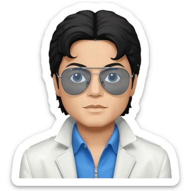 Michael Jackson is white, wearing completely black smokey Ray-Ban glasses, a white jacket, and a blue shirt. sticker