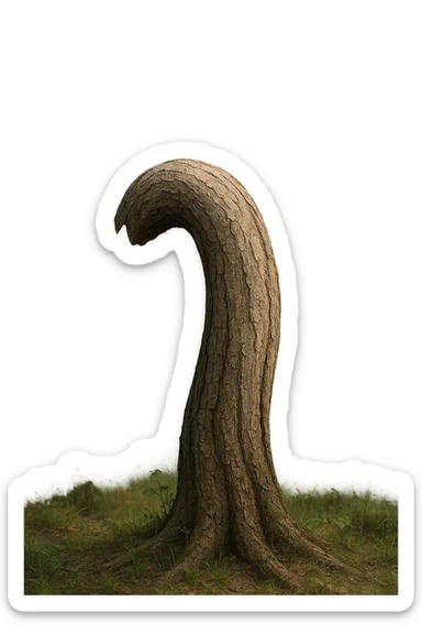 Realistic, vertical 4K illustration: a hyperrealistic tree trunk in a forest setting, noticeably bent, drooping, or wilted instead of standing upright. The bark is textured and detailed, with subtle cracks and faded colors suggesting loss of vitality. Soft, natural light filters through the surrounding trees, casting gentle shadows. The scene is quiet and contemplative, with the trunk’s unusual, slumped posture symbolizing a decline in male libido. The background is lush and detailed, but the focus remains on the central, softened trunk, evoking a sense of vulnerability and introspection. sticker