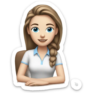 white girl at desk, brown hair, ponytail, blue eyes, computer, airpods sticker