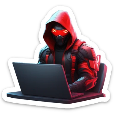 developer behind his laptop with this style : crysis Cyberpunk Riot Games Valorant neon glowing bright red character red dark black hooded assassin themed character sticker