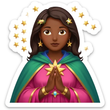 Mujer de piel morena, rostro sereno, manos juntas. Vestido rosa rojizo manto capa azul verdoso con muchas estrellas doradas pequeñas Resplandor como rayos de luz dorado alrededor del cuerpo. sticker