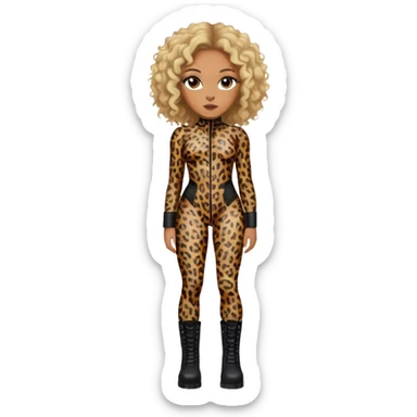 Melanie Brown with brown curls and blonde highlights wearing a tight leopard print two piece bodysuit and black combat boots sticker