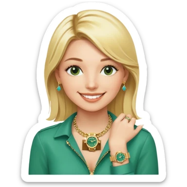 Breitling green faced watch on blonde girl wrist with gold necklace from a Tiffany and gold bracelets sticker