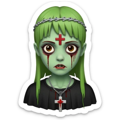 Zumbi verde com olhos castanhos aspecto de que tá sangrando, uma franja reta um piercing do lado esquerdo do nariz, roupa preta e crucifixo como colar, e também delineador sticker