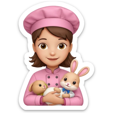 girl kid italian chef, pink uniform, holding plush rabbit sticker