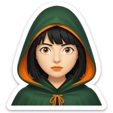 traitor tv show, person wearing dark green cloak with hood up who looks like claudia winkleman orange skin tone and thick black fringe no orange on the cloak  sticker